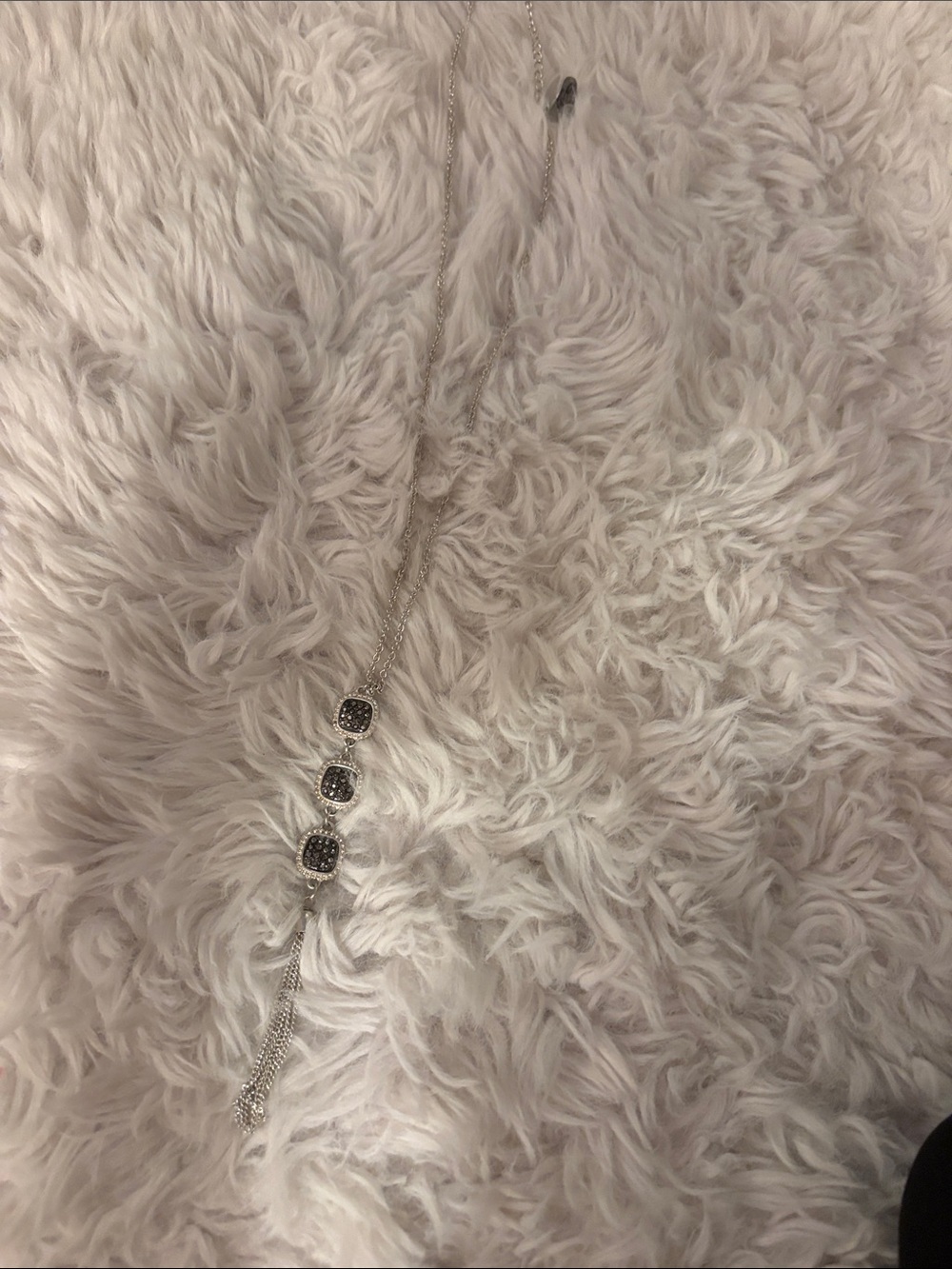 Silver-Tone Long Necklace with Black Stone Accents